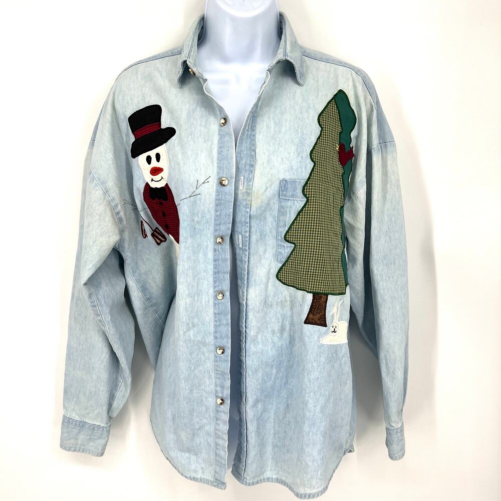 Crystal Springs Vintage Chambray Holiday Applique Denim Button Up Shirt Size S